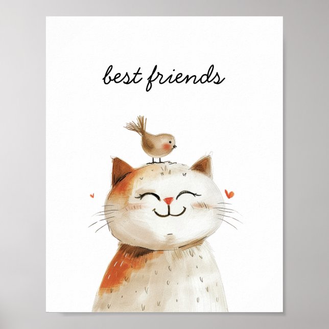Cute Cat Bird Best Friends Watercolor Nursery Poster (Front)