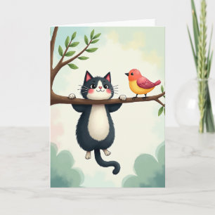 Cute Cat Bird Birthday Card