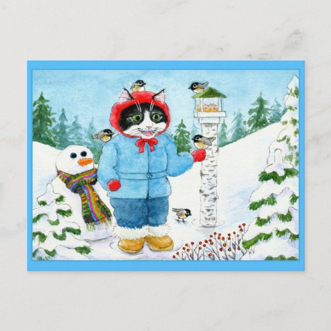 Cute Cat Birds Christmas Holiday postcard (Front)