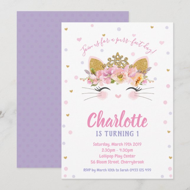 Cute Cat Birthday Invitations Girls Kitten (Front/Back)