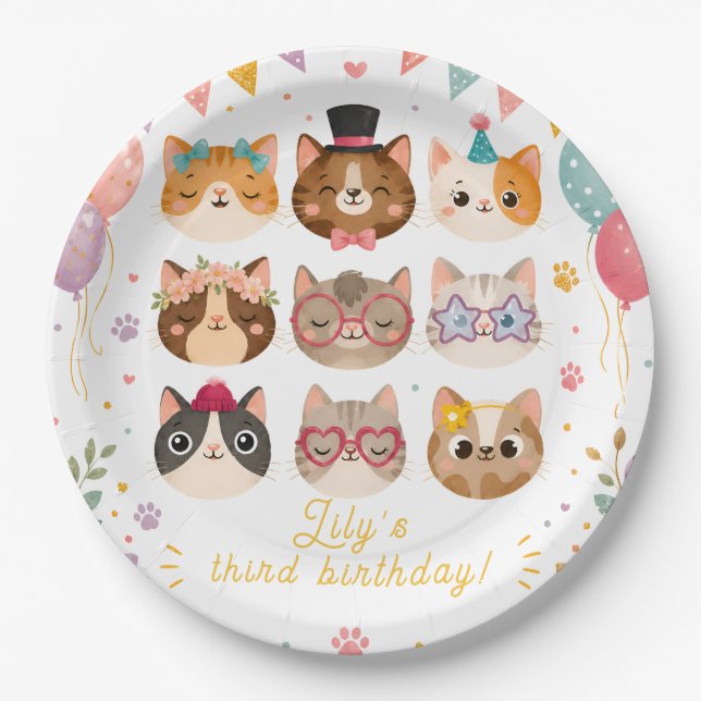 Cute Cat Birthday Paper Plates (Front)