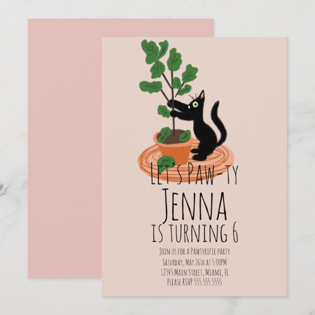 Cute Cat Birthday  Party Black Pink Invitation (Front/Back)