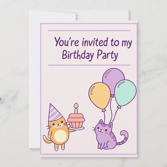 Cute Cat Birthday Party Invitation for kids (Front)