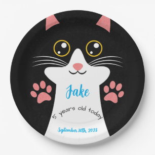 Cute Cat Birthday Party Plates. Editable text. Paper Plate