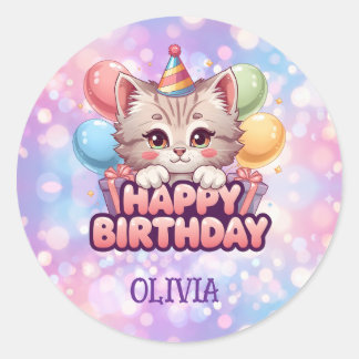 Cute Cat Birthday Party Supplies  Classic Round Sticker
