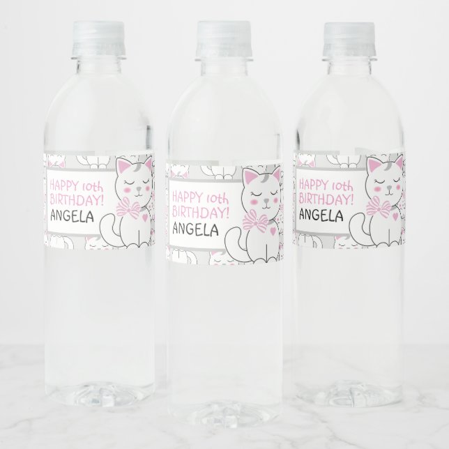Cute Cat Birthday Party Water Bottle Label (Bottles)