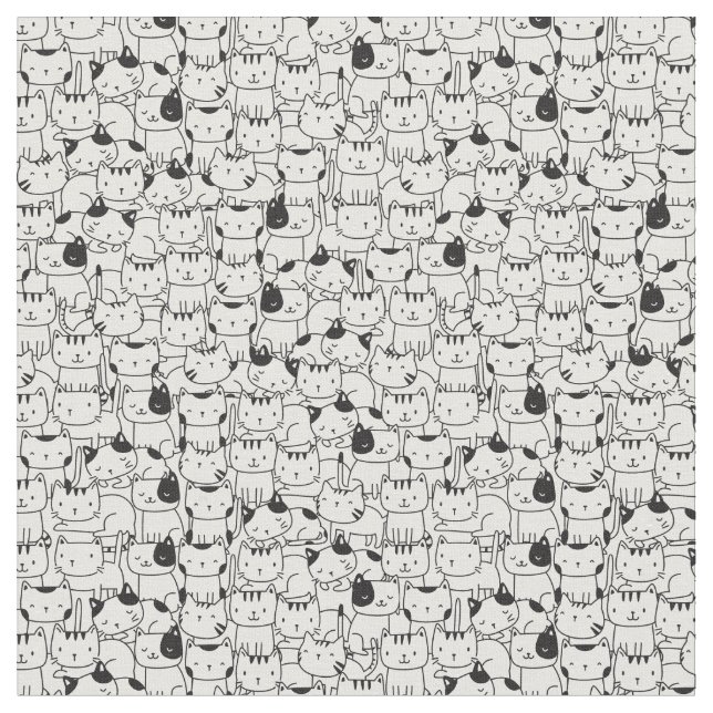 Cute Cat Black and White Pattern Fabric (Close Up)