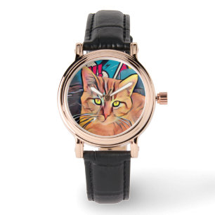 Cute Cat Black Leather Women's Watch
