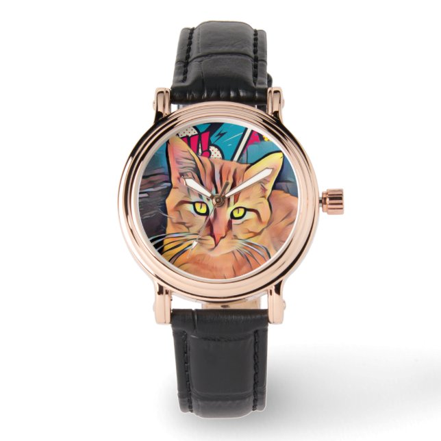 Cute Cat Black Leather Women's Watch (Front)