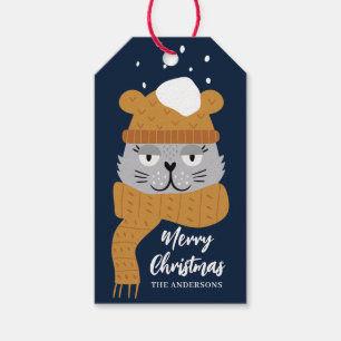 Cute Cat Blue Christmas Name  Gift Tags