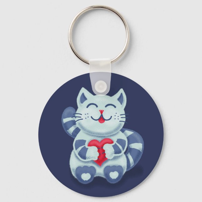 Cute Cat Blue Valentine Kids Key Ring (Front)