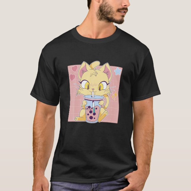 Cute Cat Boba Tea Anime Stuff Kawaii Clothing T-Shirt (Front)