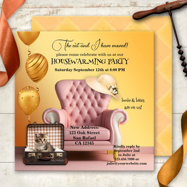 Cute Cat Boho Chic Housewarming Party Invitation (Boho chic housewarming party invitation for cat lovers in a fun sunny artistic style)