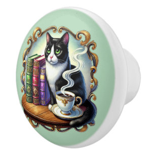 Cute cat book nook library reading lovers ceramic knob