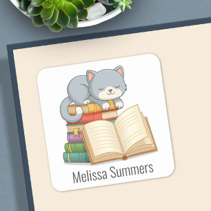 Cute Cat Book Stack Custom Name Bookplate Square Sticker
