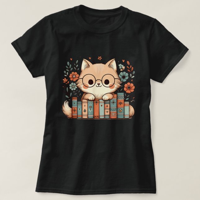 Cute Cat & Books Lover's Floral Cartoon T-Shirt (Design Front)
