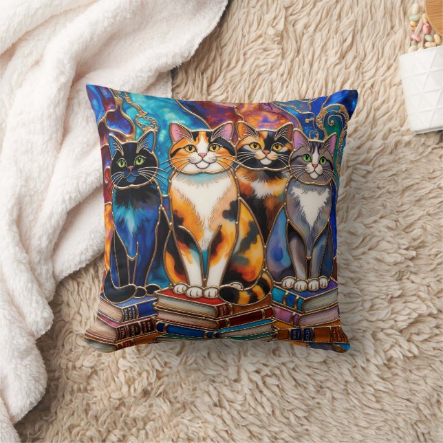 Cute Cat Bookshelf Throw Pillow Cat Lover Decor (Blanket)