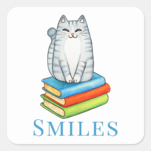Cute Cat  Bookworm Reading Book Lover Hello Love Square Sticker