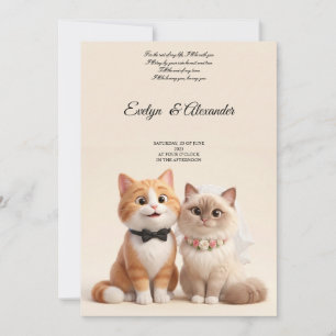 Cute Cat Bride and Groom Blush Pink Floral Wedding Invitation
