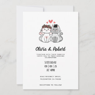 Cute Cat Bride And Groom Minimalist Wedding  Invitation
