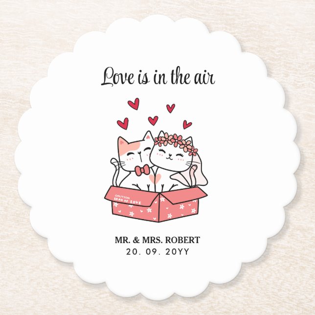 Cute Cat Bride And Groom Wedding  Paper Coaster (Front)