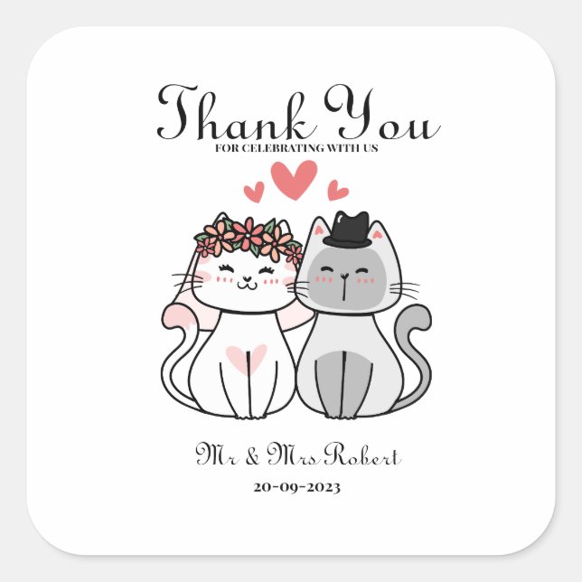 Cute Cat Bride And Groom Wedding Square Sticker (Front)