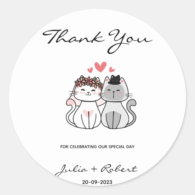 Cute Cat Bride And Groom Wedding Thank You  Classic Round Sticker (Front)