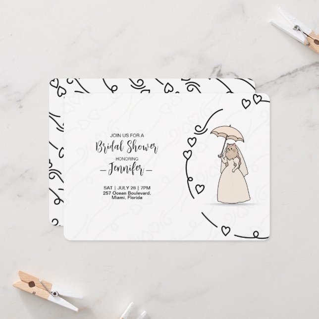 Cute Cat bride with elegant Hearts bridal shower Invitation (Front/Back In Situ)