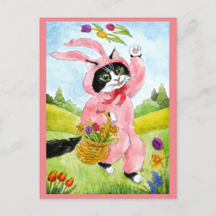 Cute cat bunny suit flowers pink Easter postcard