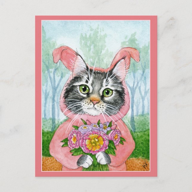 Cute cat bunny suit flowers pink Easter postcard (Front)