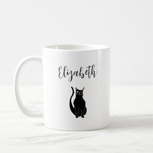 Cute Cat Cartoon Black Winking Kitty Drawing Coffee Mug (Left)