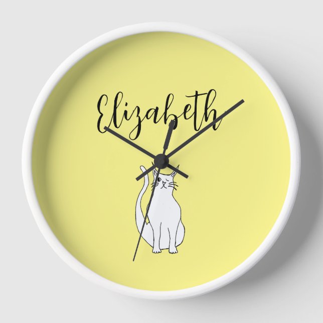Cute Cat Cartoon Drawing Winking Kitty Pale Yellow Clock (Front)