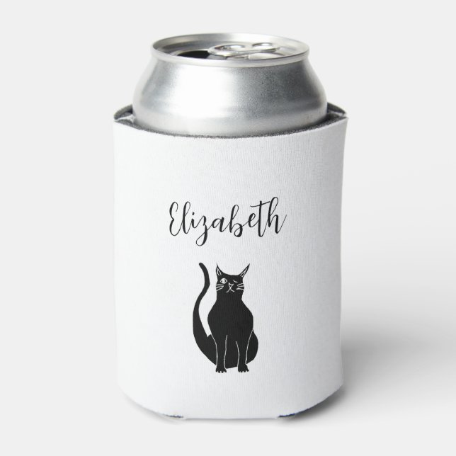 Cute Cat Cartoon Hand Drawn Black Winking Kitty Can Cooler (Can Front)