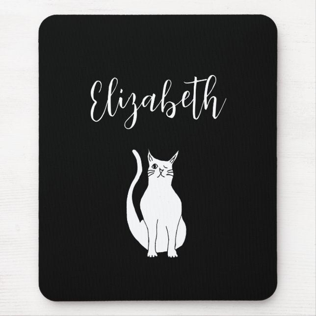 Cute Cat Cartoon Hand Drawn Winking Kitty Black Mouse Mat (Front)