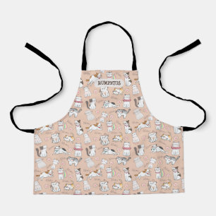 Cute Cat Cartoon Print with Custom Name Kids Apron