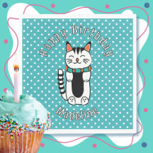 Cute Cat Cartoon Turquoise White Dot Birthday