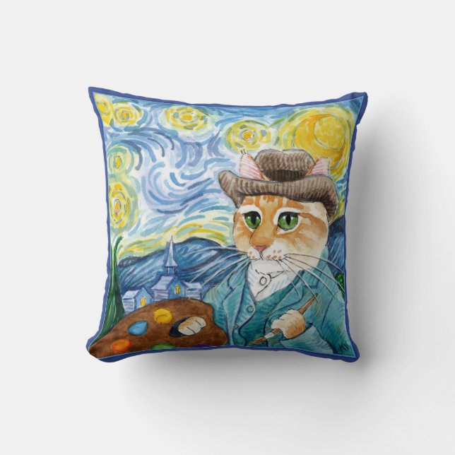 Cute cat cartoon Van Gogh Starry Night pillow (Front)