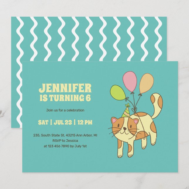 Cute Cat Cartoon With Balloon Kids Birthday Invitation (Front/Back)