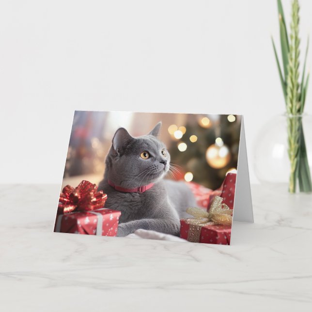 Cute Cat Celebrating Christmas Happy Holidays Thank You Card (Front)