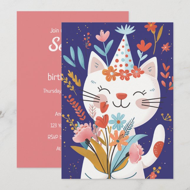 Cute Cat Celebration Birthday Invitation Card (Front/Back)