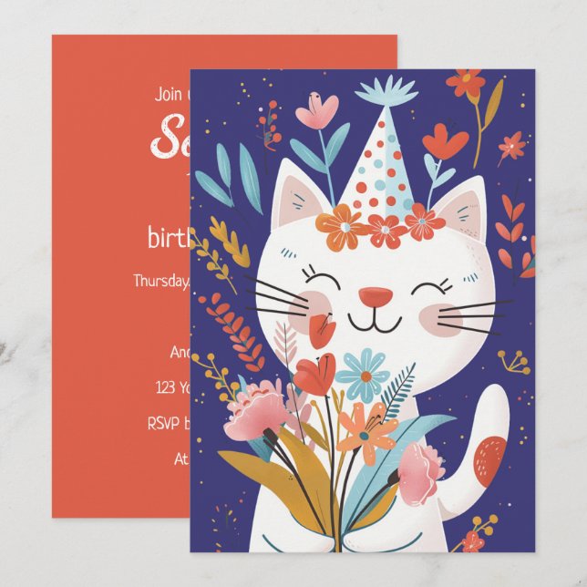 Cute Cat Celebration Birthday Invitation Card (Front/Back)