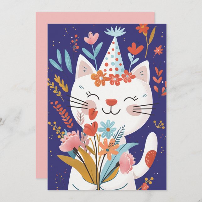 Cute Cat Celebration Birthday Invitation Card (Front/Back)