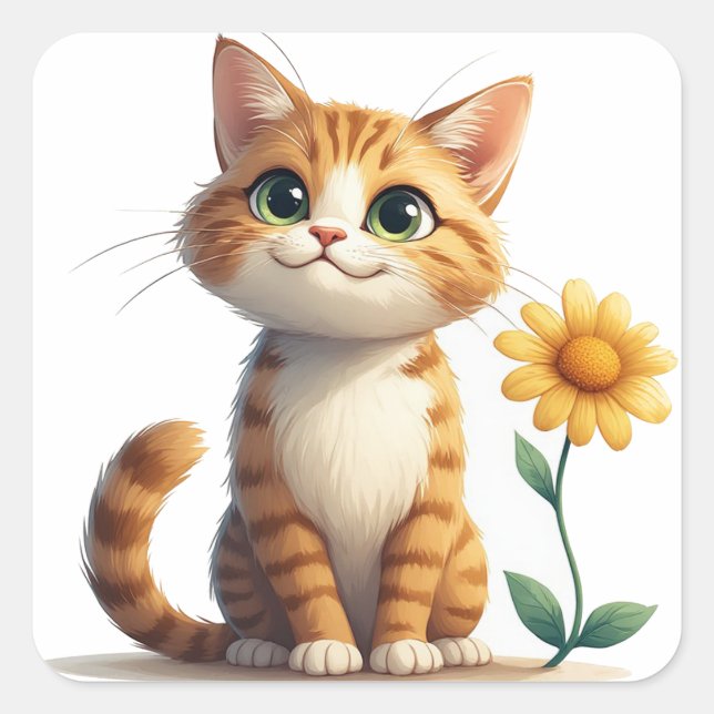 Cute Cat Character With Flowers Joy 🌷 Square Sticker (Front)