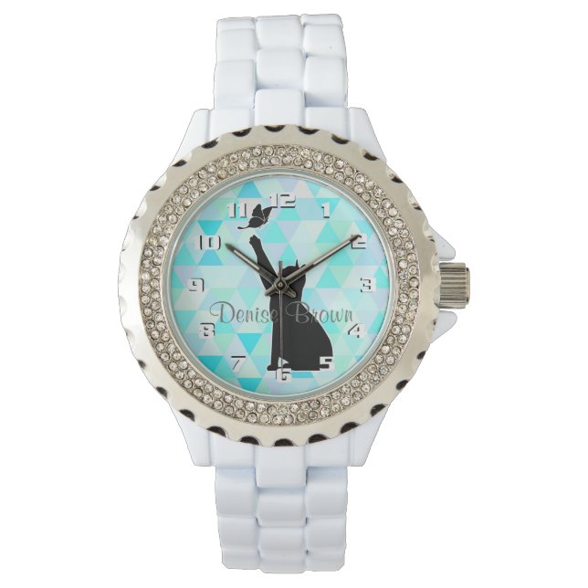 Cute Cat Chasing a butterfly Monogram Watch (Front)