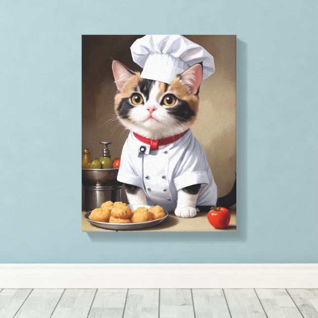 Cute Cat Chef with Pasta Funny Cooking  Canvas Print (Insitu(Wood Floor))