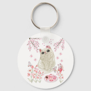 Cute Cat Cherry Blossom Key Ring