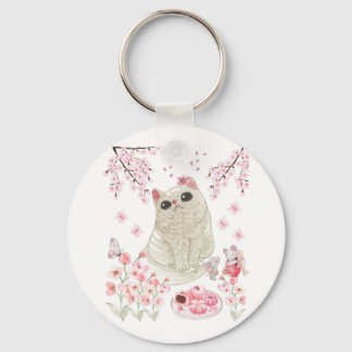 Cute Cat Cherry Blossom Key Ring