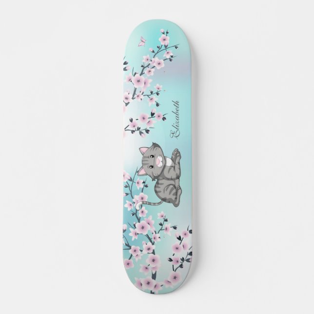 Cute Cat Cherry Blossom Pink Turquoise Add Name Skateboard (Front)