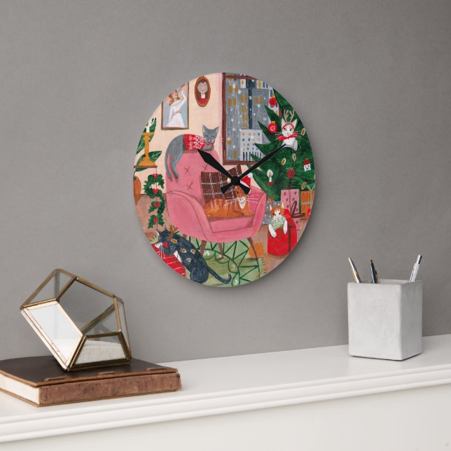Cute cat Christmas art Large Clock (Office)