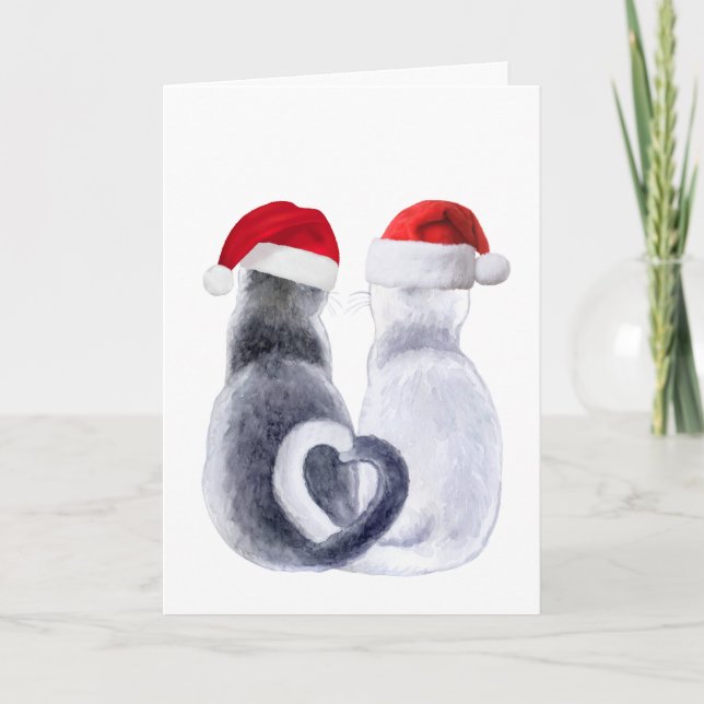 Cute Cat Christmas Card With Santa Hat (Front)